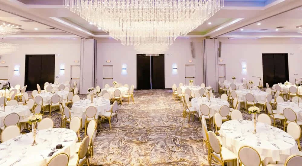 Elegant wedding hall at Serene Event Center in Plano, TX with beautiful décor and spacious seating